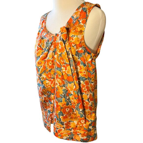 J Crew Womens Sz 0 Orange‎ Floral Wrap Front Tie Neck Silk Sleeveless Blouse - Picture 2 of 11